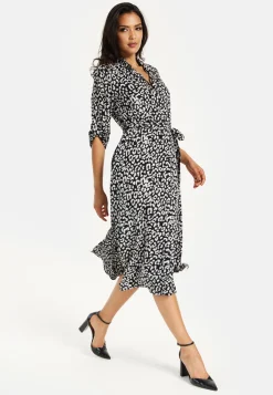 Women's Midi Dress in Leopard Print with Roll-Up Sleeves - Stylish Button Through Design by Liquorish
