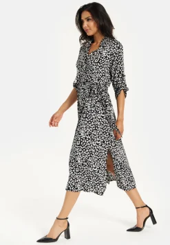 Women's Midi Dress in Leopard Print with Roll-Up Sleeves - Stylish Button Through Design by Liquorish