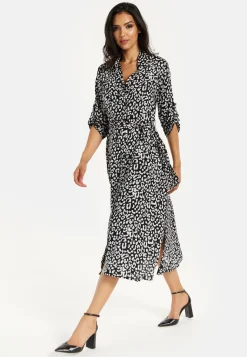 Women's Midi Dress in Leopard Print with Roll-Up Sleeves - Stylish Button Through Design by Liquorish