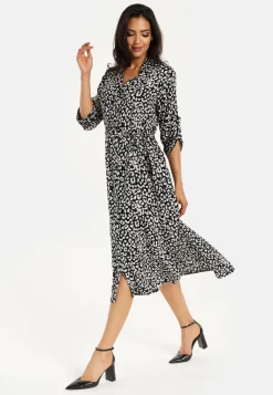 Women's Midi Dress in Leopard Print with Roll-Up Sleeves - Stylish Button Through Design by Liquorish