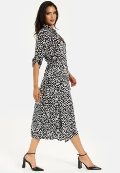 Women's Midi Dress in Leopard Print with Roll-Up Sleeves - Stylish Button Through Design by Liquorish