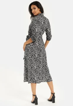 Women's Midi Dress in Leopard Print with Roll-Up Sleeves - Stylish Button Through Design by Liquorish