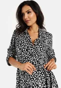 Women's Midi Dress in Leopard Print with Roll-Up Sleeves - Stylish Button Through Design by Liquorish