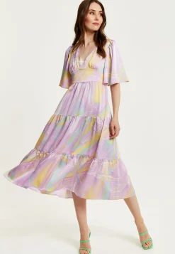 Women's Midi Dress in Lilac with Kimono Sleeves and Abstract Zebra Print, Stylish Fashion by Liquorish
