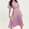 Women's Midi Dress in Lilac and Orange with Mesh Detailing, Cheetah Print, Short Sleeves - Liquorish
