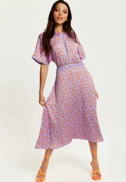 Women's Midi Dress in Lilac and Orange with Mesh Detailing, Cheetah Print, Short Sleeves - Liquorish