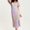 Women's Midi Dress in Lilac with Puff Sleeves and Square Neck - Liquorish