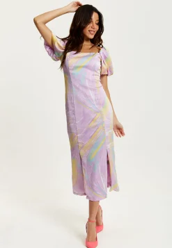 Women's Midi Dress in Lilac with Puff Sleeves and Square Neck - Liquorish