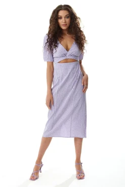 Women's Midi Dress in Lilac and White with Short Sleeves and Cut Out Front - Liquorish