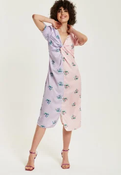 Women's Midi Dress in Lilac and Pink Floral with Short Sleeves and Knot Front - Liquorish