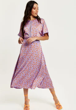 Women's Midi Dress in Lilac and Orange with Mesh Detailing, Cheetah Print, Short Sleeves - Liquorish