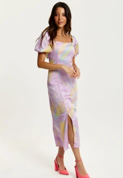 Women's Midi Dress in Lilac with Puff Sleeves and Square Neck - Liquorish
