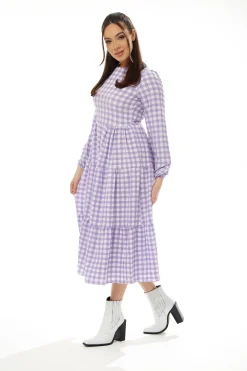 Women's Midi Dress in Lilac and White Gingham with Long Sleeves - Perfect for City Outings, Family Lunch, and the Pub - Liquorish