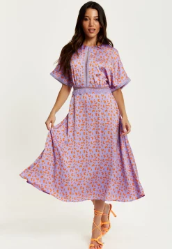 Women's Midi Dress in Lilac and Orange with Mesh Detailing, Cheetah Print, Short Sleeves - Liquorish