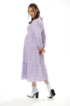 Women's Midi Dress in Lilac and White Gingham with Long Sleeves - Perfect for City Outings, Family Lunch, and the Pub - Liquorish