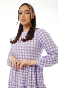 Women's Midi Dress in Lilac and White Gingham with Long Sleeves - Perfect for City Outings, Family Lunch, and the Pub - Liquorish