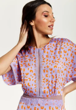 Women's Midi Dress in Lilac and Orange with Mesh Detailing, Cheetah Print, Short Sleeves - Liquorish