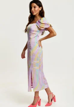 Women's Midi Dress in Lilac with Puff Sleeves and Square Neck - Liquorish