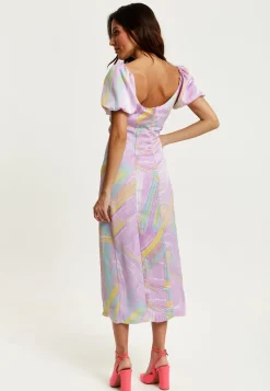 Women's Midi Dress in Lilac with Puff Sleeves and Square Neck - Liquorish