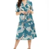 Women's Midi Dress in Mint Green Bird Print with Short Sleeves and Belted Detail by Liquorish