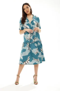 Women's Midi Dress in Mint Green Bird Print with Short Sleeves and Belted Detail by Liquorish