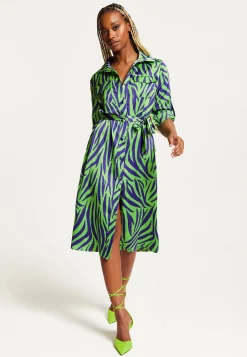 Women's Midi Dress in Mint and Blue Zebra Print with Long Sleeves - Stylish Elegance by Liquorish