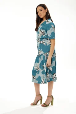 Women's Midi Dress in Mint Green Bird Print with Short Sleeves and Belted Detail by Liquorish