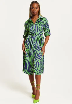 Women's Midi Dress in Mint and Blue Zebra Print with Long Sleeves - Stylish Elegance by Liquorish