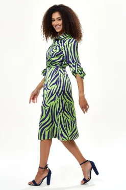 Women's Midi Dress in Mint and Blue Zebra Print with Long Sleeves - Stylish Elegance by Liquorish