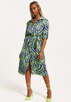 Women's Midi Dress in Mint and Blue Zebra Print with Long Sleeves - Stylish Elegance by Liquorish