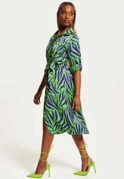 Women's Midi Dress in Mint and Blue Zebra Print with Long Sleeves - Stylish Elegance by Liquorish