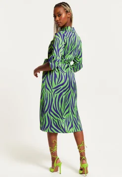 Women's Midi Dress in Mint and Blue Zebra Print with Long Sleeves - Stylish Elegance by Liquorish