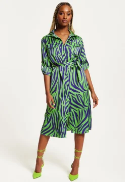 Women's Midi Dress in Mint and Blue Zebra Print with Long Sleeves - Stylish Elegance by Liquorish