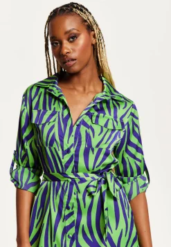 Women's Midi Dress in Mint and Blue Zebra Print with Long Sleeves - Stylish Elegance by Liquorish