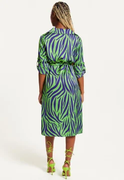 Women's Midi Dress in Mint and Blue Zebra Print with Long Sleeves - Stylish Elegance by Liquorish