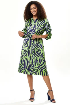 Women's Midi Dress in Mint and Blue Zebra Print with Long Sleeves - Stylish Elegance by Liquorish