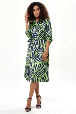 Women's Midi Dress in Mint and Blue Zebra Print with Long Sleeves - Stylish Elegance by Liquorish