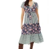 Women’s Midi Dress in Mixed Stripe & Floral Print with Short Sleeves - Liquorish