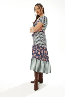 Women’s Midi Dress in Mixed Stripe & Floral Print with Short Sleeves - Liquorish