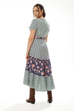 Women’s Midi Dress in Mixed Stripe & Floral Print with Short Sleeves - Liquorish