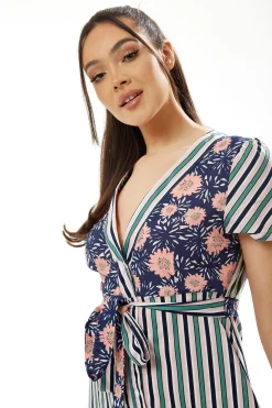 Women’s Midi Dress in Mixed Stripe & Floral Print with Short Sleeves - Liquorish