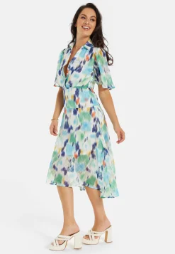 Women's Midi Dress in Multicolour with Short Sleeves and Abstract Print - Liquorish