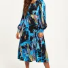 Women's Midi Dress in Multicolour Abstract Print with Long Sleeves and Tie Waist - Liquorish