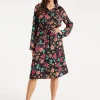 Women’s Midi Dress in Multicolour Floral Print with Black Accents, Long Sleeve, Waist Tie Detail, and Button Front Closure