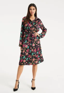 Women’s Midi Dress in Multicolour Floral Print with Black Accents, Long Sleeve, Waist Tie Detail, and Button Front Closure