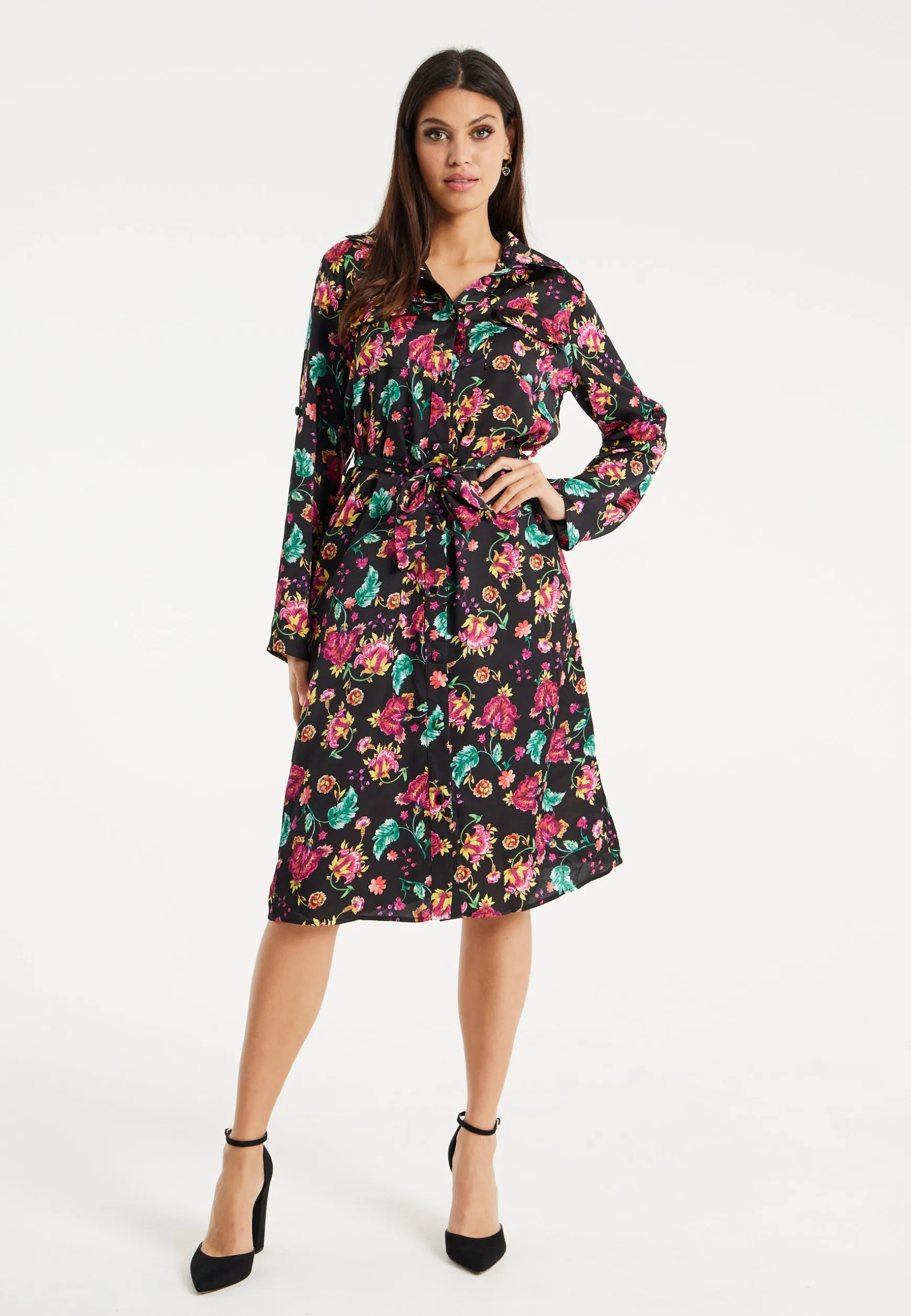 Women’s Midi Dress in Multicolour Floral Print with Black Accents, Long Sleeve, Waist Tie Detail, and Button Front Closure