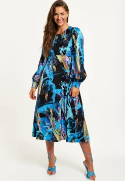 Women's Midi Dress in Multicolour Abstract Print with Long Sleeves and Tie Waist - Liquorish