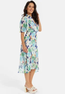 Women's Midi Dress in Multicolour with Short Sleeves and Abstract Print - Liquorish