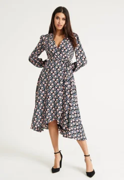 Women's Midi Dress in Multicolour with Full-Length Sleeves - Elegant Floral Foliage Design by Liquorish