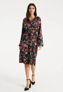 Women’s Midi Dress in Multicolour Floral Print with Black Accents, Long Sleeve, Waist Tie Detail, and Button Front Closure